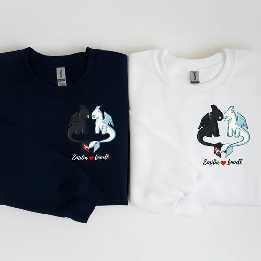 Personalized Toothless and Light Fury Couple Sweatshirt, Toothless Couple Dragon Hoodie, Matching Anniversary Hoodie, Gift for Her & Him
