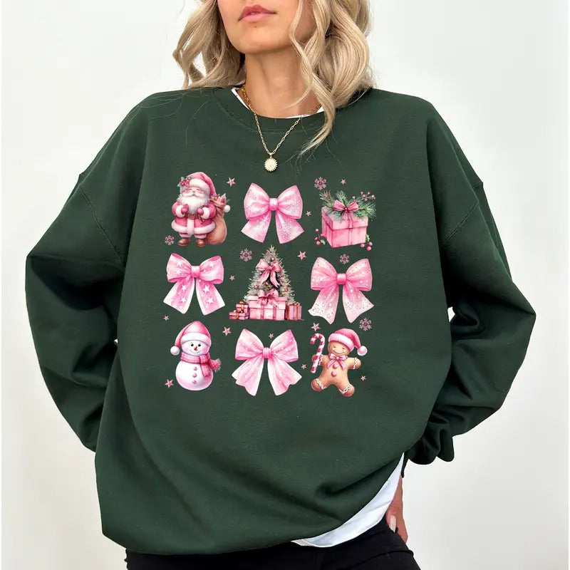 Pink Bow Christmas Sweatshirt, Pink Santa Graphic Crewneck, Coquette Pink Christmas Sweatshirt, Pink Santa Sweater, Vintage Holiday Vibes Crewneck, Merry Christmas Long Sleeve Pullover, Christmas Gift, Womenswear Comfort Soft Fabric Sweatshirt