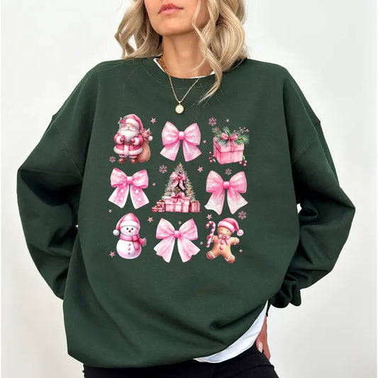 Pink Bow Christmas Sweatshirt, Pink Santa Graphic Crewneck, Coquette Pink Christmas Sweatshirt, Pink Santa Sweater, Vintage Holiday Vibes Crewneck, Merry Christmas Long Sleeve Pullover, Christmas Gift, Womenswear Comfort Soft Fabric Sweatshirt