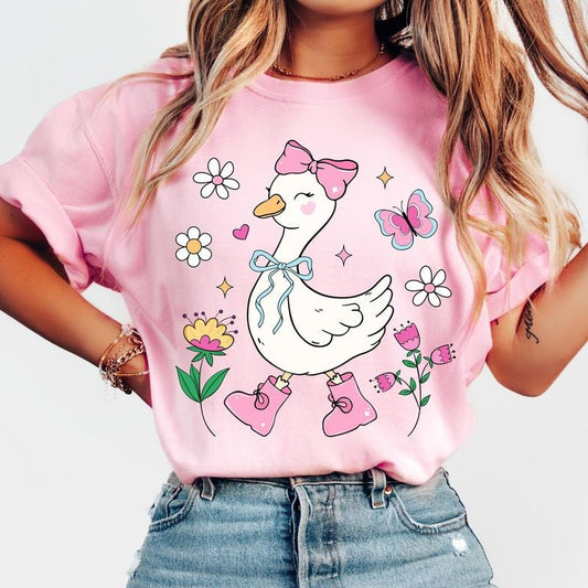 Pink Coquette Goose Shirt, Mama Goose, Spring Floral Goose T-Shirt, Coquette Bow Girl Funny Animal Tee