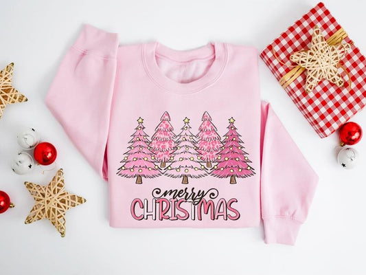 Pink Tree Christmas Sweatshirt, Christmas Tree Sweatshirt, Christmas Sweater, Christmas Tree Shirt, Winter Holiday Sweaters For Women, Xmas Christmas Shirt