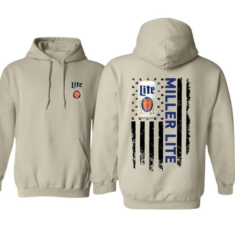 Men's Miller Lite Patriotic Hoodie with American Flag Design - 50/50 Cotton/Polyester - Menswear, Tops