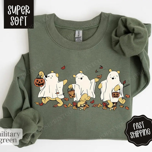 Pooh Bear Halloween Sweatshirt, Cartoon Bear Halloween Sweater, Women's Fall Crewneck
