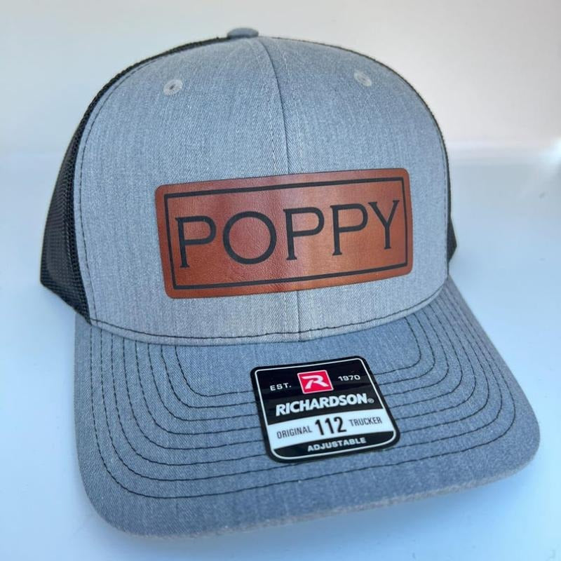 Poppy Fathers Day gift Hat for Dad. Richardson 112 leather patch trucker hat for Dad. Gift for Poppy. Gift for dad. Dad Hat gift.
