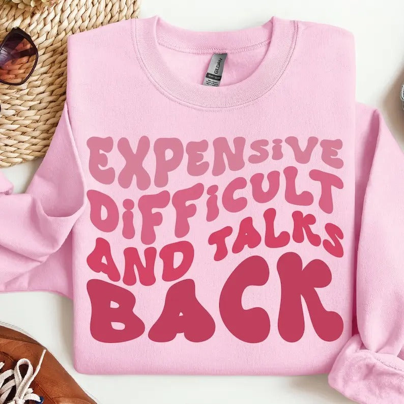 Premium  Cute Mothers Day Sweatshirt & Hoodie, Expensive Difficult And Talks Back, Mothers Day, Mom Life Retro Groovy Funny Wife Sweatshirt