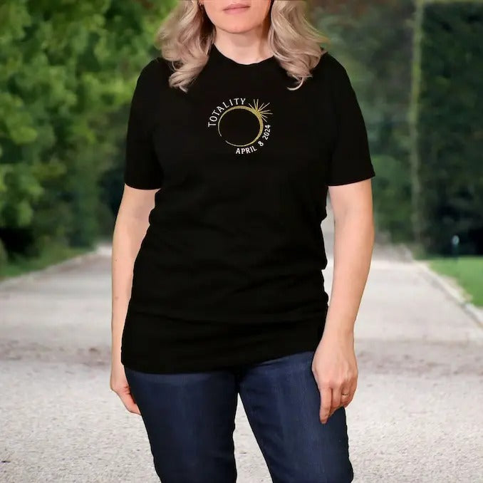 Premium  Total Solar Eclipse Metallic Gold Ring of Fire Embroidered Unisex Black TShirt - Totality - April 8 2024 shirt