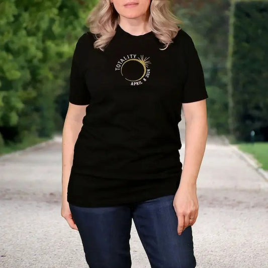 Premium  Total Solar Eclipse Metallic Gold Ring of Fire Embroidered Unisex Black TShirt - Totality - April 8 2024 shirt