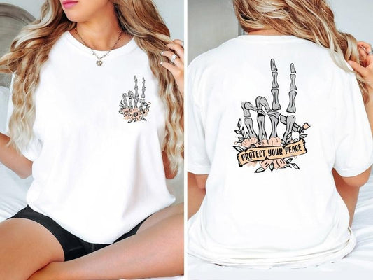 Protect Your Peace Shirt, Flower Skull Shirt, Skeleton Hand Shirt, Motivational Shirt, Dead Inside Shirt, Back And Front Design Cotton Top