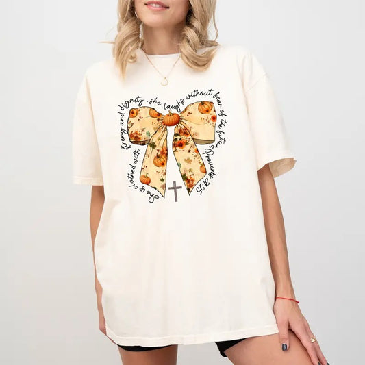 Proverbs She is Clothed with Strength Shirt Comfort Colors, Fall For Jesus Shirt, Bible Verse T-shirt, Coquette Bow Fall Vibes Graphic Printed Tee, Christian Clothing, Comfy Fabric Graphic Tee, Women's Top, Cotton Fabric Relaxed Fit Chic Style