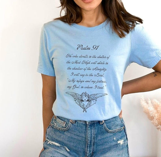 Psalms 91 Bible Verse Inspired T-Shirt. Psalm 91: 1,2 Faith and Protection. Gift for Christian Mom, Easter Casual Wear, friend Birthday  sweater and hoodie