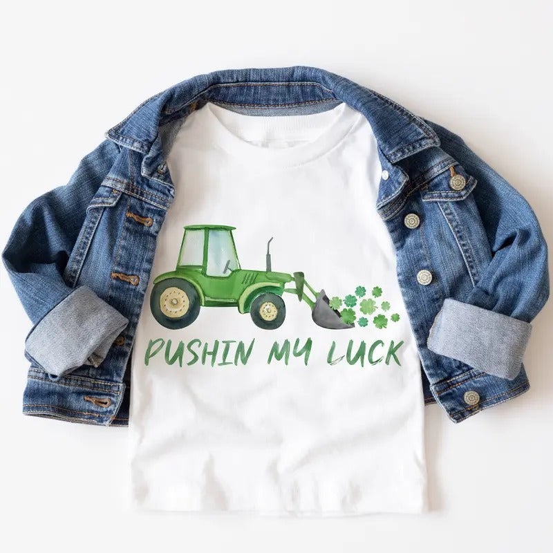 Pushin My Luck Construction St Patrick's Day Boys Watercolor St Patty's Shirt
