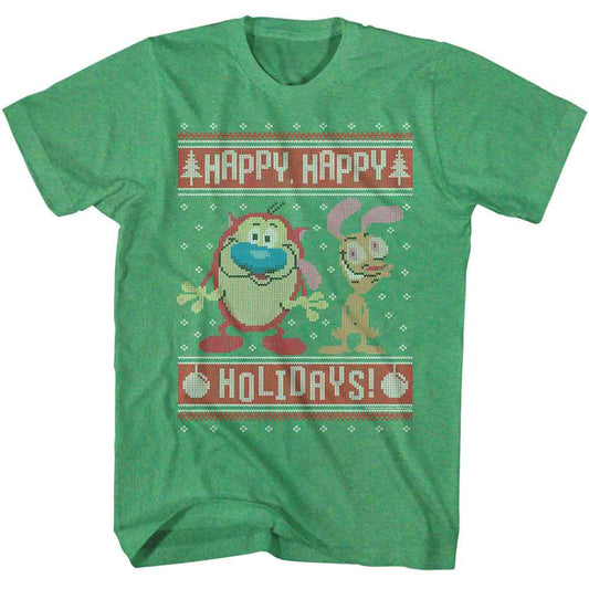 Ren And Stimpy - Happy Happy Holidays - American Classics - Heather Green Adult Short Sleeve T-Shirt
