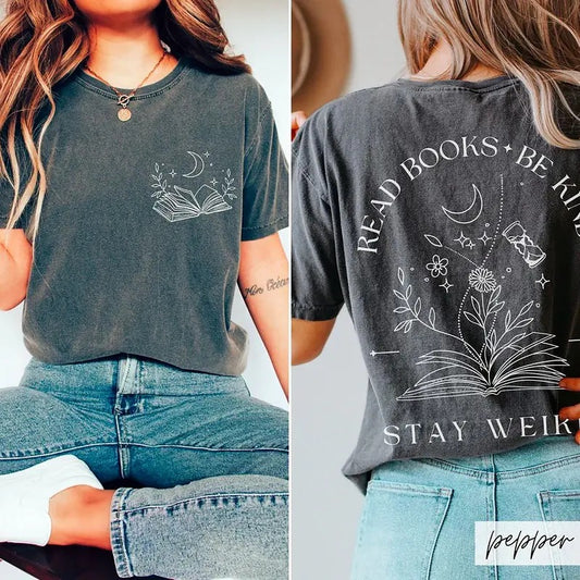 Read Books Be Kind Stay Weird Shirt, Whimsigoth Bookish Tee, Celestial Book Lover Shirt, Bookworm T-Shirt, Booktok Shirt