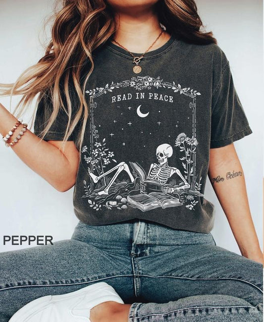 Read in Peace t-shirt, Skeleton Book Shirt, Skeleton Reading t-shirt, Book Lover Halloween, iprintasty Halloween, Bookish Halloween shirt