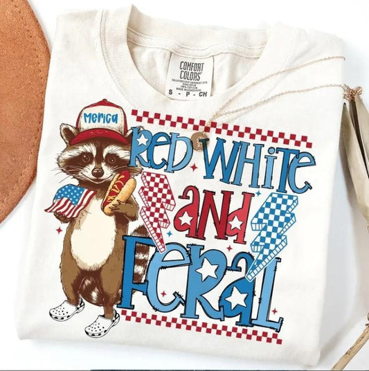 Red White And Feral Tee, Funny Raccoon Shirt