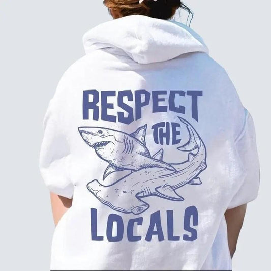 Respect the Locals Hoodie Shark Graphic Hoodie Aesthetic Shirt Words on Back Beach Tee Oversized