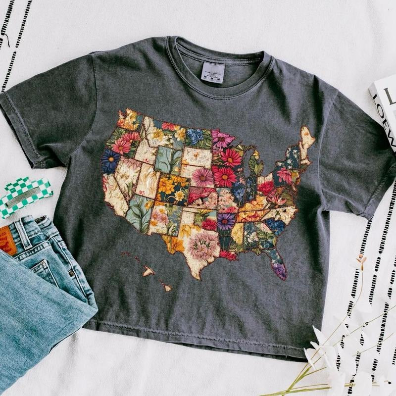 Retro America USA Map Crop Top, America 4th July Unisex Shirt, 4th Of July Baby Tee, USA Flag Tee Y2k, Retro American Girl Shirt, American 1776 Shirt