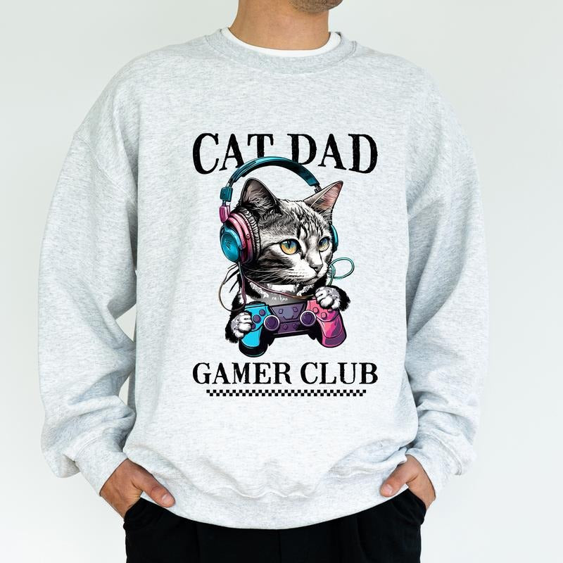 Retro Cat Dad Gamer Club Sweatshirt, Cool Cat Crewneck, Gamer Boyfriend Long Sleeved Pullover For Him, Gift for Him, Dad's Life Casual Apparel