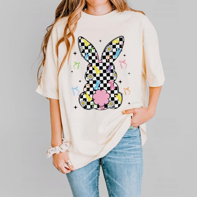 Retro Easter Bunny Shirt, Checkerboard Bunny Tee, Vintage Easter Sweatshirt for Women, Cute Spring Bunny Graphic Shirt