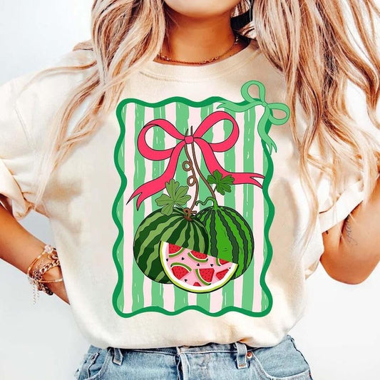 Retro Fancy Watermelon Coquette Bow Mama Watermelon Everyday Preppy Little Girl Trendy Watermelon Summer T-Shirt