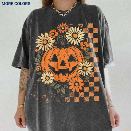 Retro Floral Pumpkin T-Shirt, Funny Preppy Halloween Graphic Tee, Spooky Season Vibes, Cute Fall Style, Unisex Fit, All Size Top, Trending Gift for Women