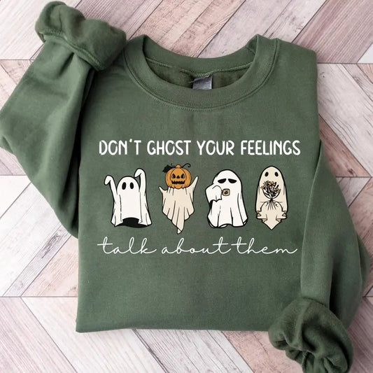 Retro Funny Don't Ghost Your Feelings Mental Health Awareness School Counselor Mental Health Halloween Graphic Shirt for Women