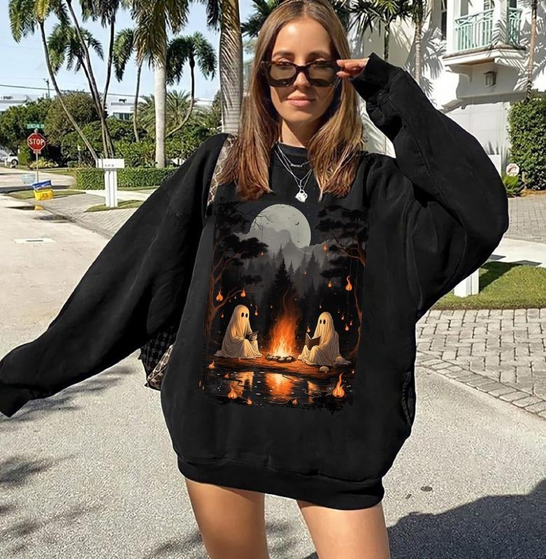 Retro Ghost Book Reading Camping Gothic Halloween Teachers Sweatshirt, Vintage Ghost Book Reading Shirt, Halloween Trip Shirt, Camping Gothic Shirt, Ghost Reading Books Shirt, Halloween Teacher Librarian Gift, Halloween Sweatshirt