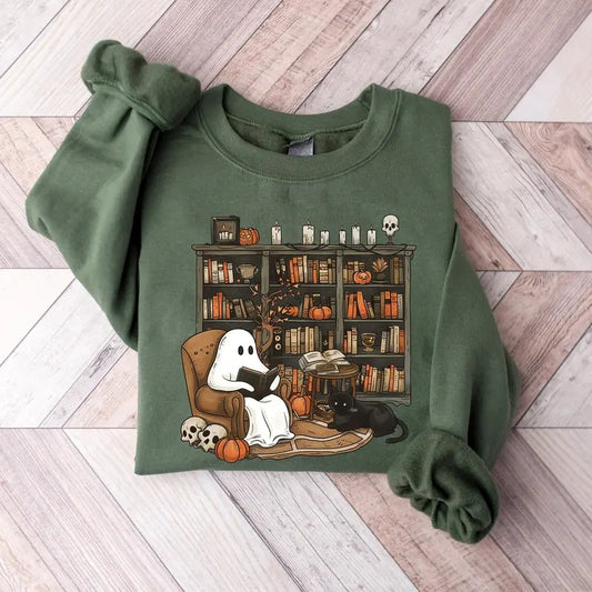 Retro Ghost Reading Books Sweatshirt, Librarian Ghost Halloween Sweater, Halloween Teacher Sweatshirt, Ghost Halloween Shirt, Ghost Shirt, Teacher Halloween Gift Shirt