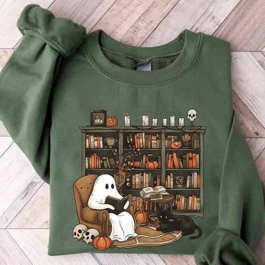 Retro Ghost Reading Books Sweatshirt, Librarian Ghost Halloween, Halloween Teacher Sweatshirt Cotton Sweaters