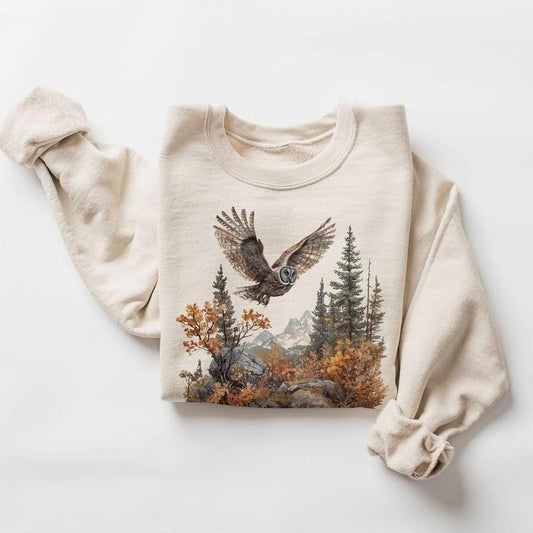 Retro Great Grey Owl Fall Mountain Scene Sweatshirt - Nineties 90s Vintage Birds Of Prey Forest Cotton Hoodie Pullover