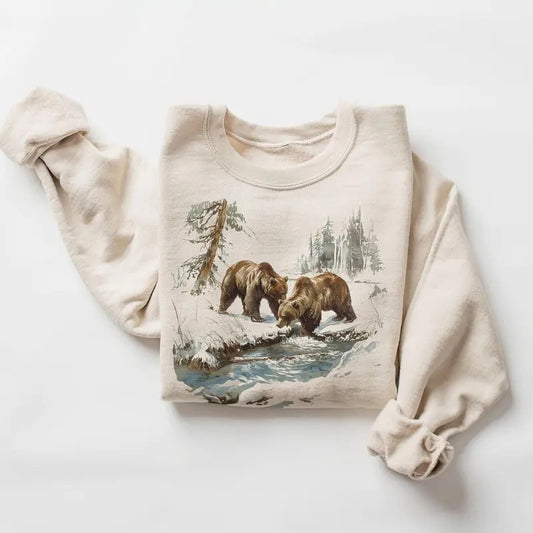 Retro Grizzly Bears Wilderness Scene Sweatshirt - Nineties 90s Vintage Brown Bear Outfit - Boho Unisex Crewneck Sweatshirt Menswear Athletic