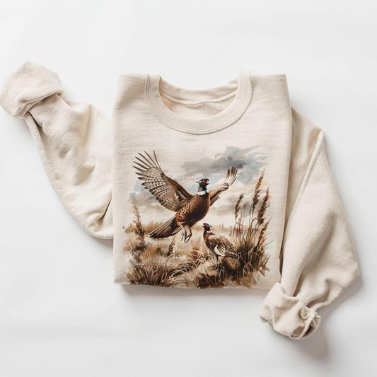 Retro Pheasant Bird Wilderness Scene Sweatshirt - 90's Vintage Game Birds Outfit - Boho Unisex Crewneck Sweatshirt