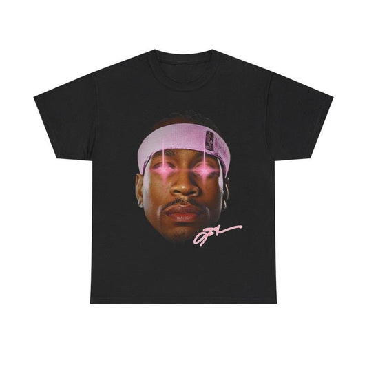 Retro Pink Laser Allen Iverson Inspired Vintage Graphic T-shirt Heavy Cotton Tee Basketball Sreetwear 90s Styled Ai Shirt Hiphop Vibes Y2K Aesthetic Throwback Classic Casual Menswear Top Underwear Tshirt Streetwear Shortsleeve Comfy Day Oversized