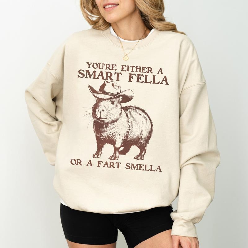 Retro Smart Fella Capybara Sweatshirt, Funny Cowboy Capybara Crewneck, Western Meme Sweater, Vintage 90s Y2k Tops, Casual Womenswear