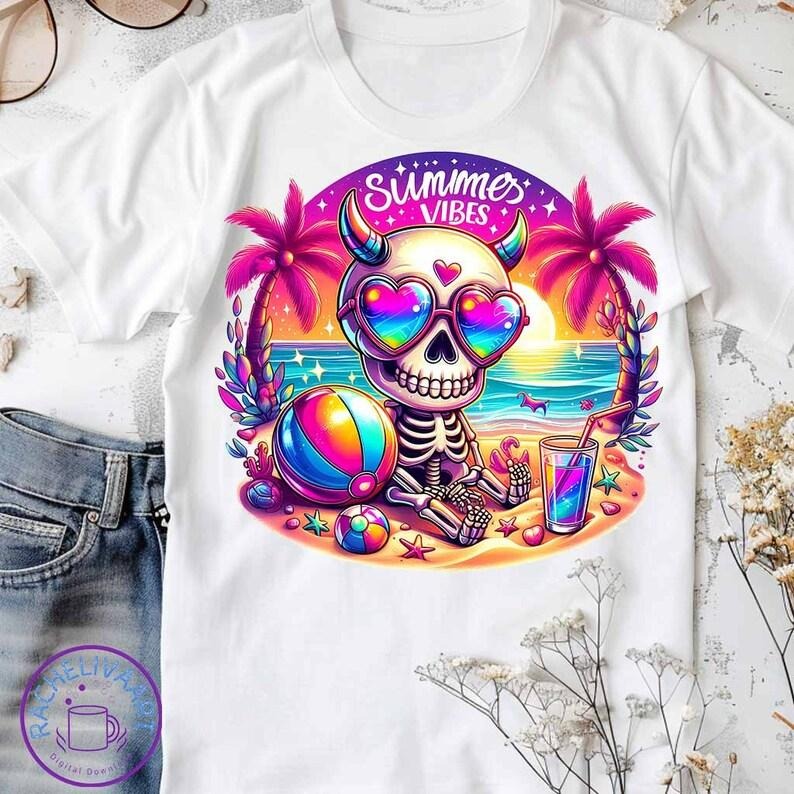 Retro Summer Vibes , Summer Beach , Summer Shirt, Funny Skeleton , Pink Summer , Design For Graphic Tees