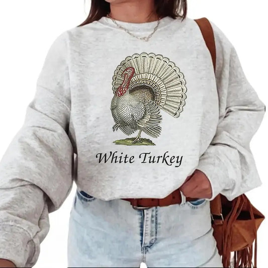 Retro White Turkey Sweatshirt, Animal Lover Hunting Turkey Vintage Fall Gobbler Hoodie Unisex