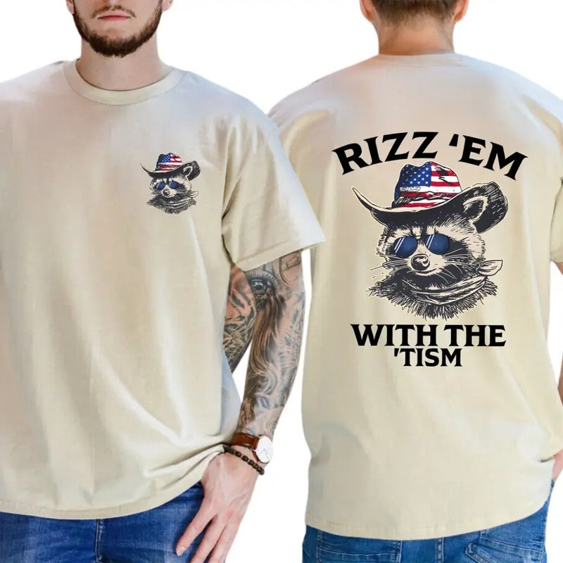 Rizz 'Em T-Shirt - Classic Western Design Featuring Bold Raccoon Graphics, Unisex Crewneck Casual T-Shirt for Rodeo Enthusiasts and Western Style Fans