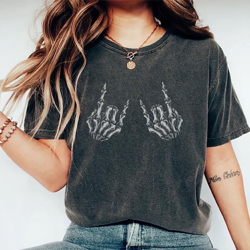 Rock On Skeleton Hands Shirt, Funny Rock Women Tee, Adult Humor Graphic Tee Women, Sarcastic Women Unhinged Shirt, Comfy Fabric Oversized Graphic Tee, Funny Women Shirt, Women's Tops, Womenswear, Cotton Fabric Tee