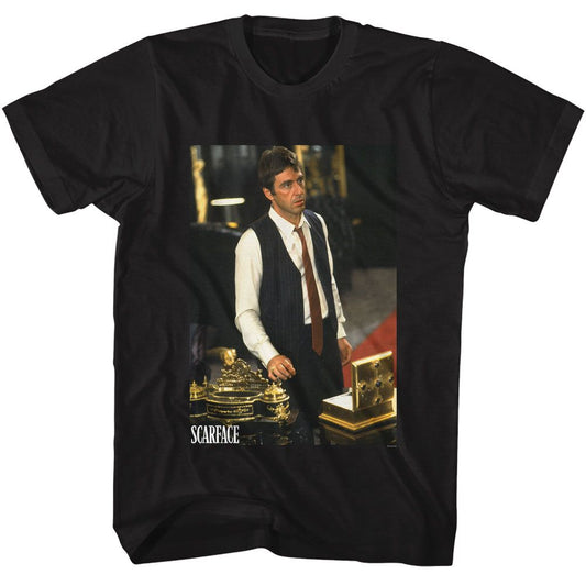 Scarface - Tony At His Desk - American Classics - Solid Black Adult Short Sleeve T-Shirt