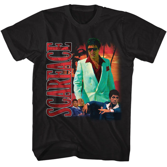 Scarface - Collage With Palm Tree Background - American Classics - Solid Black Adult Short Sleeve T-Shirt