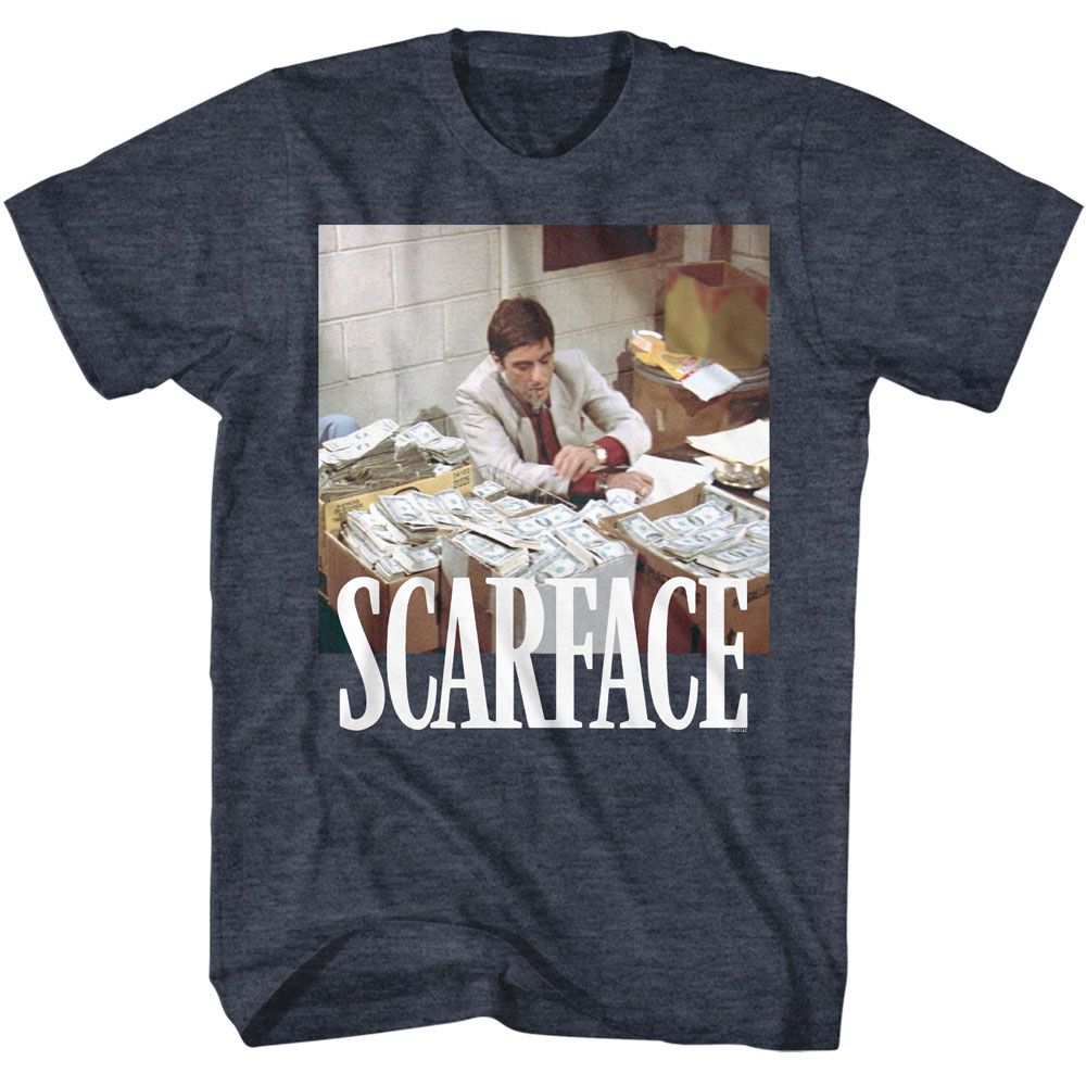 Scarface - Boxes Of Cash - American Classics - Heather Blue Adult Short Sleeve T-Shirt