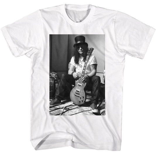 Slash - Black & White Guitar - American Classics - Solid White Adult Short Sleeve T-Shirt
