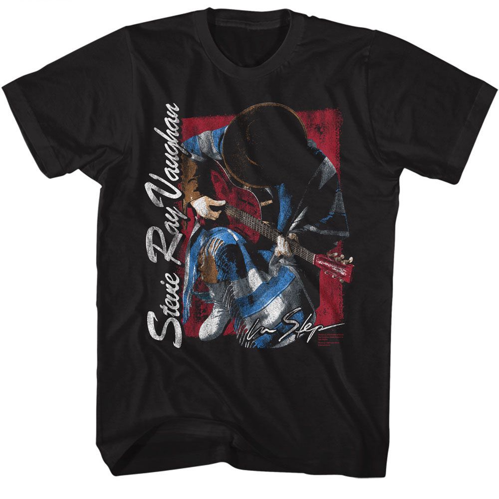 Stevie Ray Vaughan - Kneeling - American Classics - Solid Black Adult Short Sleeve T-Shirt