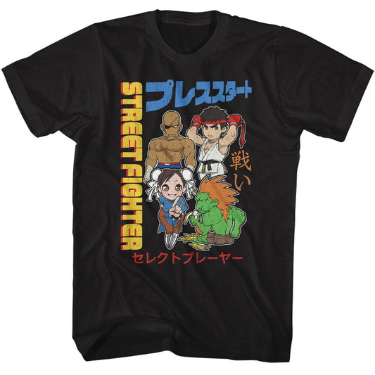 Street Fighter - Chibi With Kanji - American Classics - Solid Black Adult Short Sleeve T-Shirt