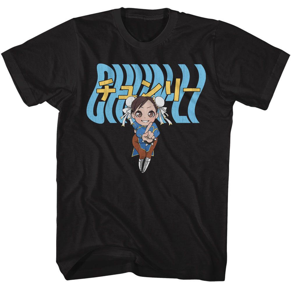 Street Fighter - Chun Li Warped Text - American Classics - Solid Black Adult Short Sleeve T-Shirt