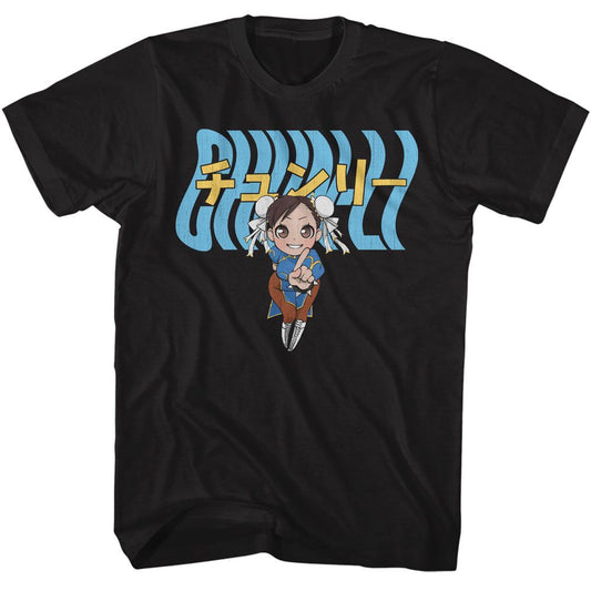 Street Fighter - Chun Li Warped Text - American Classics - Solid Black Adult Short Sleeve T-Shirt