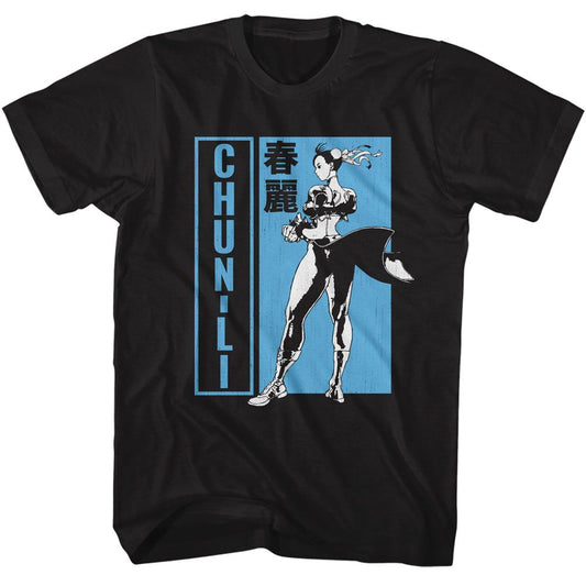 Street Fighter - Chun Li Black & White Character Pose - American Classics - Solid Black Adult Short Sleeve T-Shirt