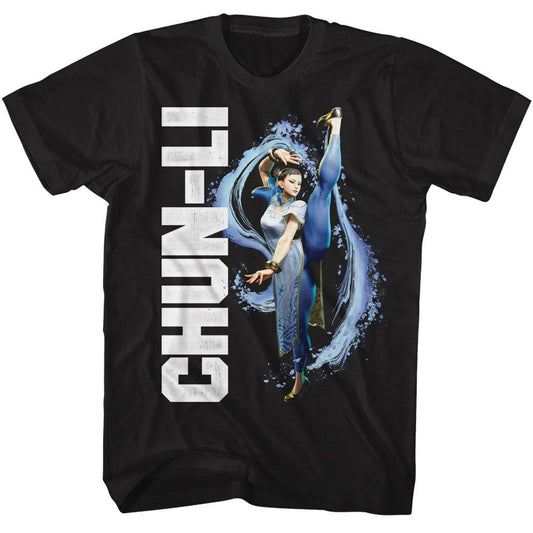 Street Fighter - Chun Li Splatter Kick - American Classics - Solid Black Adult Short Sleeve T-Shirt