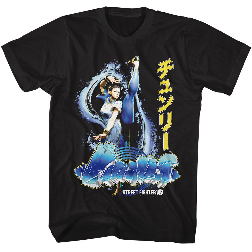 Street Fighter - Chun Li Graffiti - American Classics - Solid Black Adult Short Sleeve T-Shirt