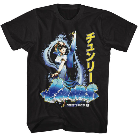 Street Fighter - Chun Li Graffiti - American Classics - Solid Black Adult Short Sleeve T-Shirt